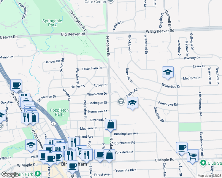 map of restaurants, bars, coffee shops, grocery stores, and more near 971 North Adams Road in Birmingham