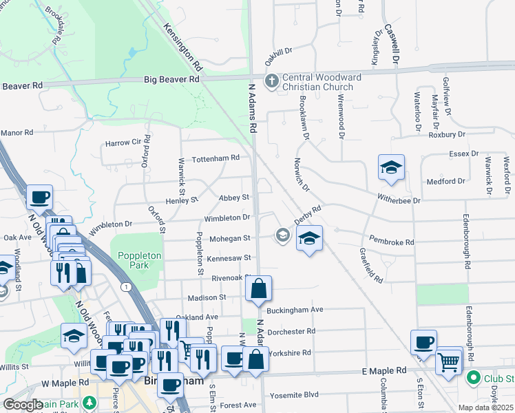 map of restaurants, bars, coffee shops, grocery stores, and more near 971 North Adams Road in Birmingham