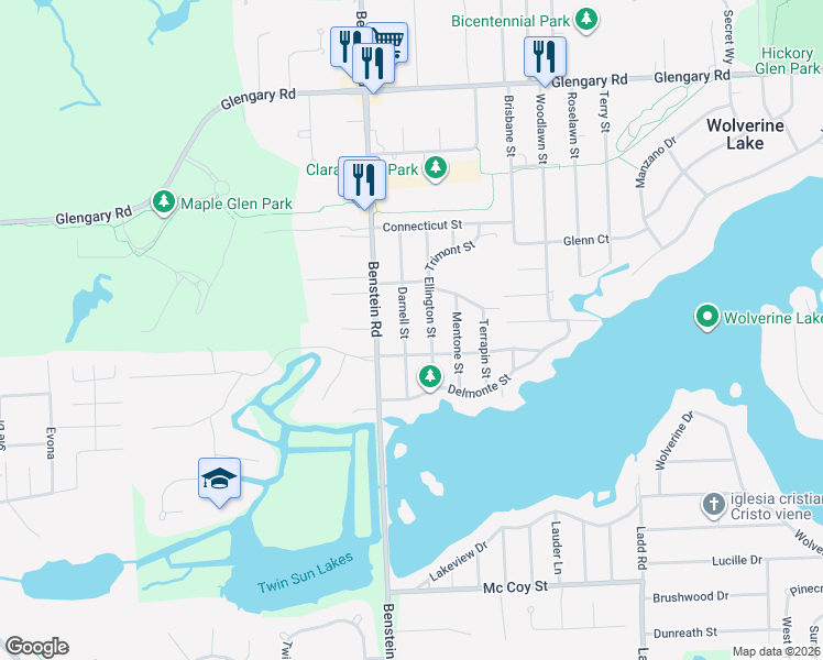 map of restaurants, bars, coffee shops, grocery stores, and more near 2260 Darnell Street in Commerce Charter Township