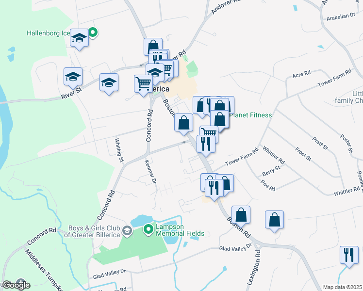 map of restaurants, bars, coffee shops, grocery stores, and more near 10 Charnstaff Lane in Billerica