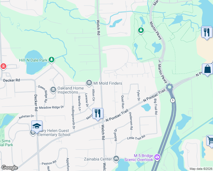map of restaurants, bars, coffee shops, grocery stores, and more near 2150 Welch Road in Commerce Charter Township