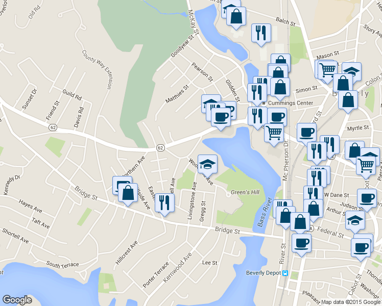 map of restaurants, bars, coffee shops, grocery stores, and more near 15 Green Street in Beverly