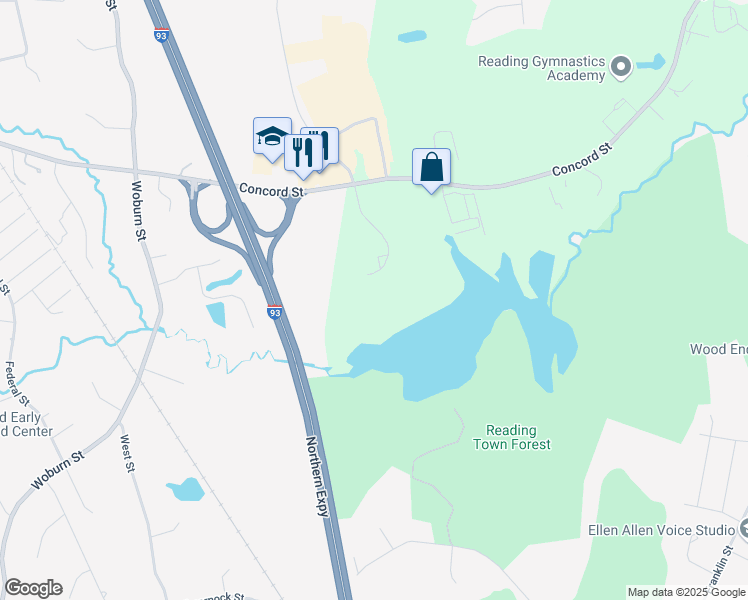 map of restaurants, bars, coffee shops, grocery stores, and more near 400 Riverpark Drive in North Reading