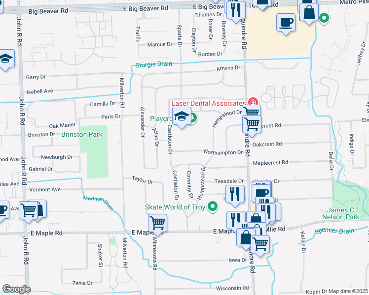 map of restaurants, bars, coffee shops, grocery stores, and more near 2739 Northampton Drive in Troy