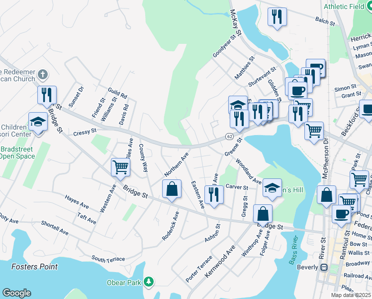 map of restaurants, bars, coffee shops, grocery stores, and more near 362 Elliott Street in Beverly