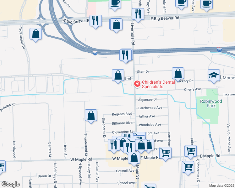 map of restaurants, bars, coffee shops, grocery stores, and more near 174 Olympia Drive in Troy