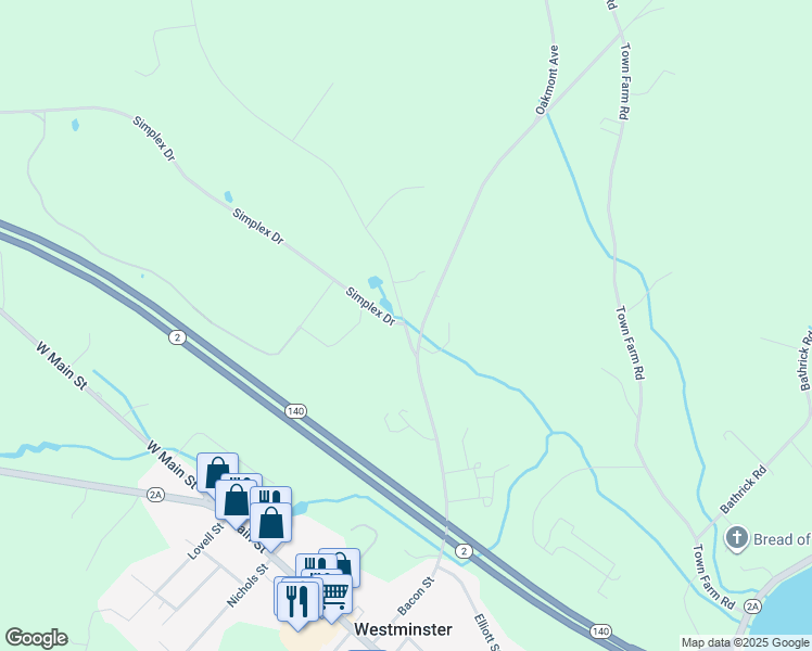 map of restaurants, bars, coffee shops, grocery stores, and more near 7 North Common Road in Westminster