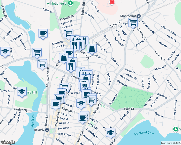 map of restaurants, bars, coffee shops, grocery stores, and more near 341 Cabot Street in Beverly