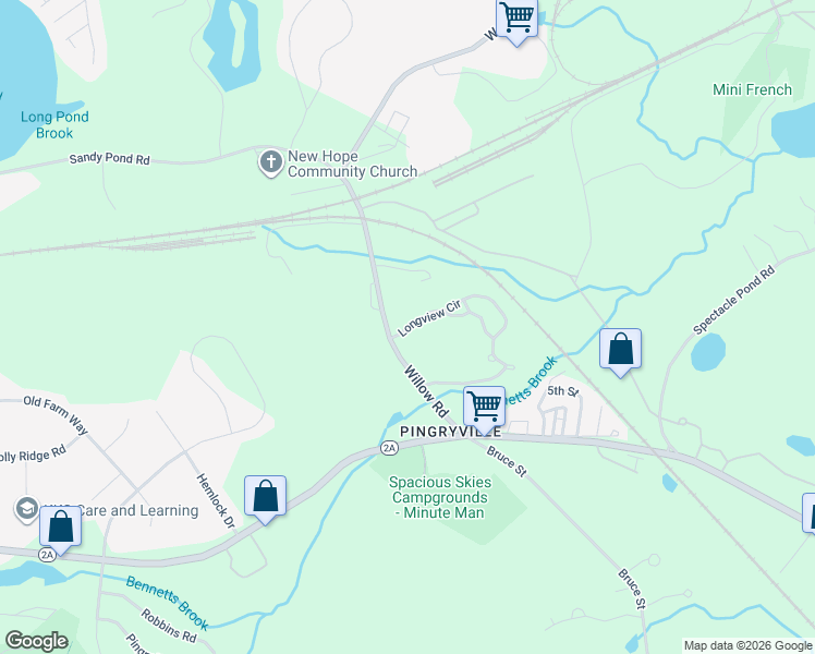 map of restaurants, bars, coffee shops, grocery stores, and more near 3c Longview Circle in Ayer