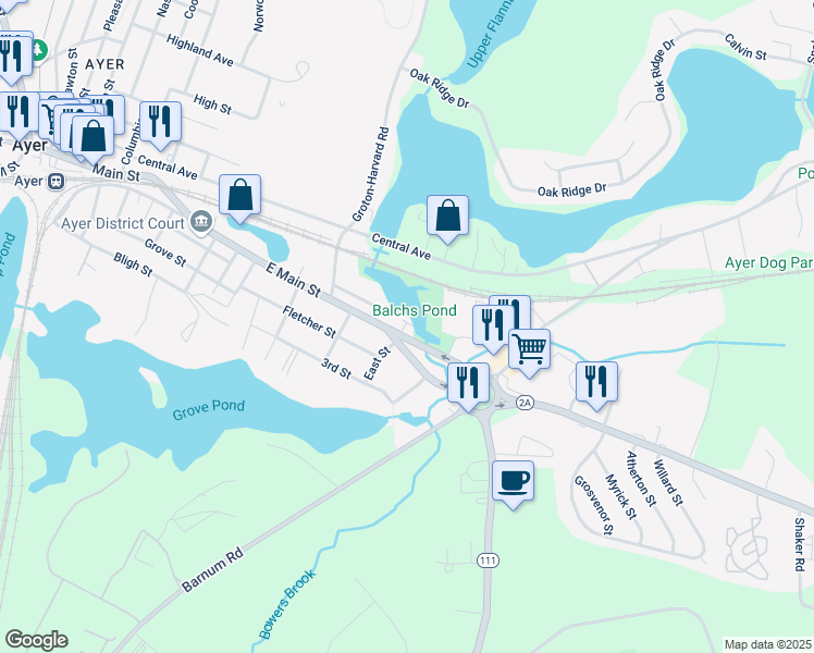 map of restaurants, bars, coffee shops, grocery stores, and more near 108 East Main Street in Ayer