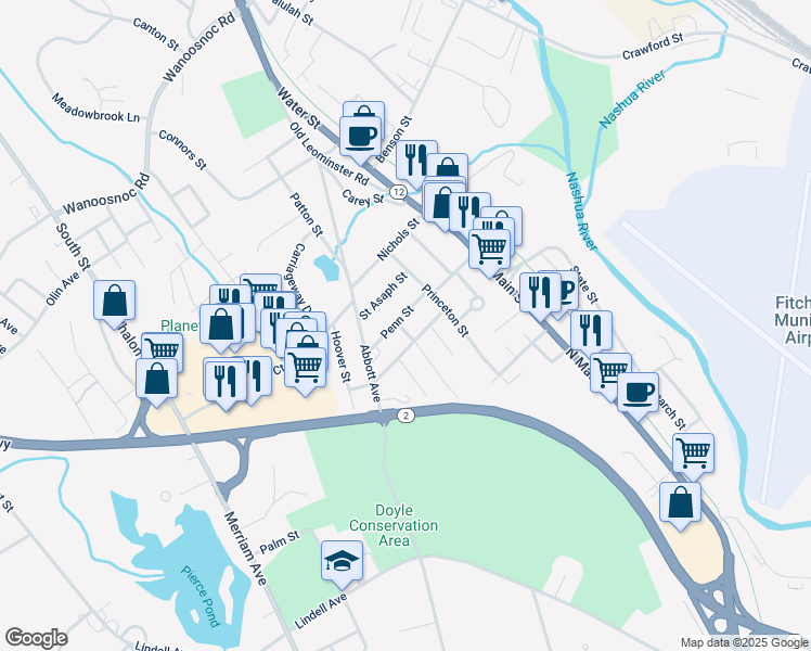 map of restaurants, bars, coffee shops, grocery stores, and more near 29 Leland Avenue in Leominster