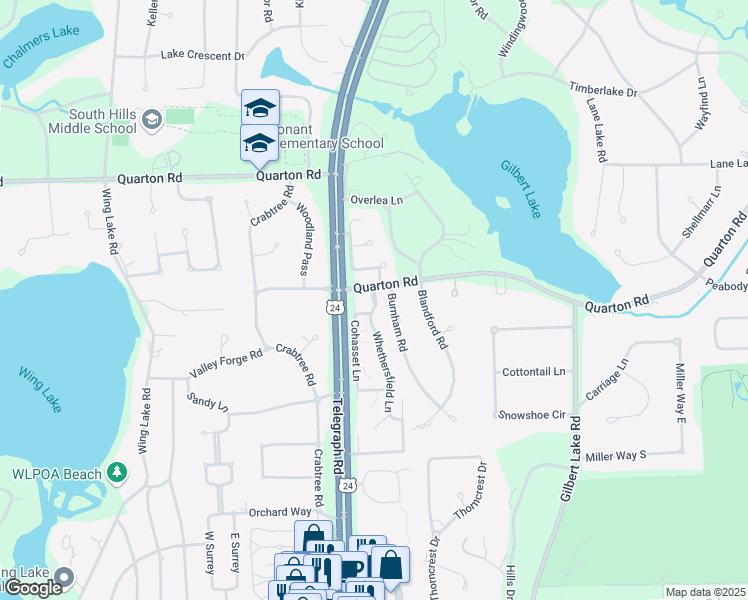 map of restaurants, bars, coffee shops, grocery stores, and more near 5710 Whethersfield Lane in Bloomfield Township