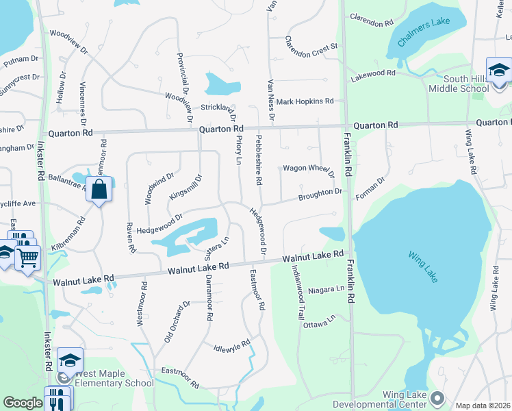 map of restaurants, bars, coffee shops, grocery stores, and more near 5756 Pebbleshire Road in Bloomfield Hills