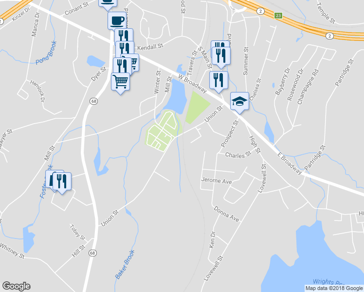 map of restaurants, bars, coffee shops, grocery stores, and more near 144 Union Street in Gardner