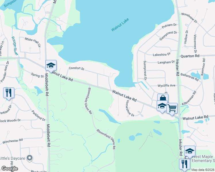 map of restaurants, bars, coffee shops, grocery stores, and more near 5750 Euclid Drive in West Bloomfield Township