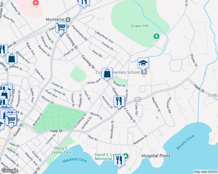 map of restaurants, bars, coffee shops, grocery stores, and more near 93 Corning Street in Beverly