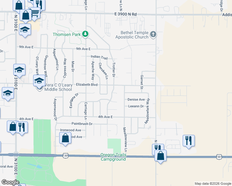 map of restaurants, bars, coffee shops, grocery stores, and more near Buckbrush Cir in Twin Falls