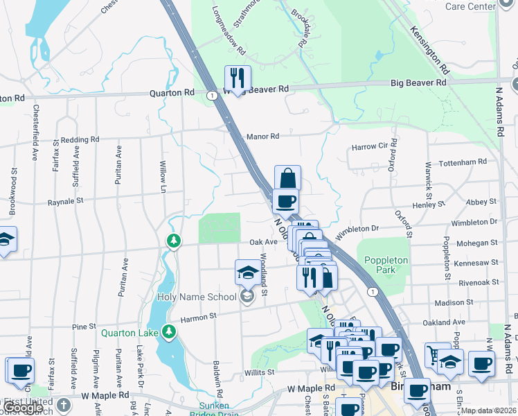 map of restaurants, bars, coffee shops, grocery stores, and more near 1027 North Old Woodward Avenue in Birmingham