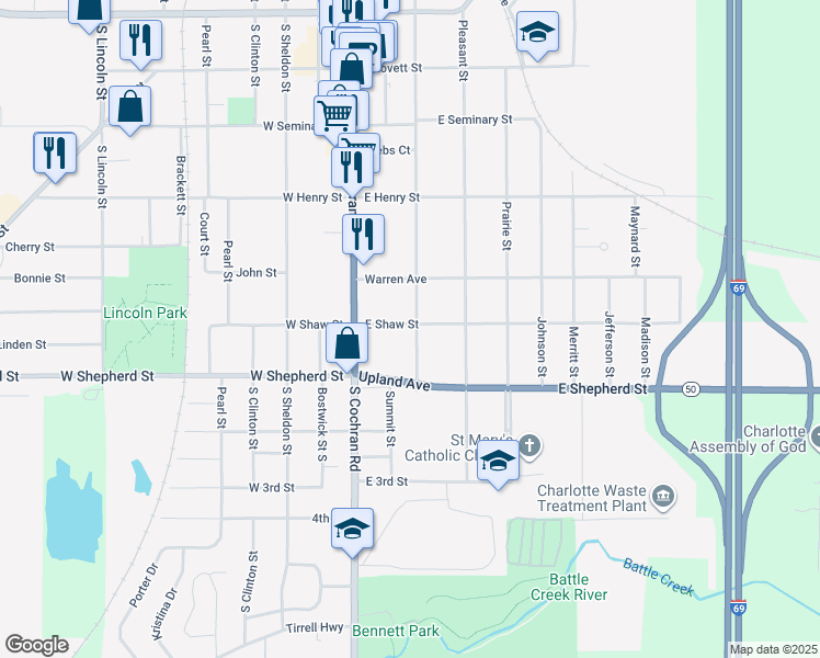 map of restaurants, bars, coffee shops, grocery stores, and more near 204 East Shaw Street in Charlotte