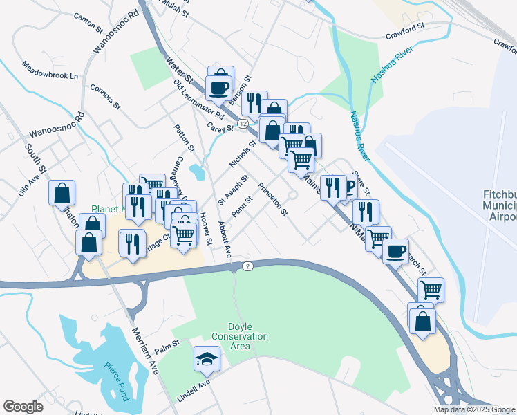 map of restaurants, bars, coffee shops, grocery stores, and more near 29 Leland Avenue in Leominster