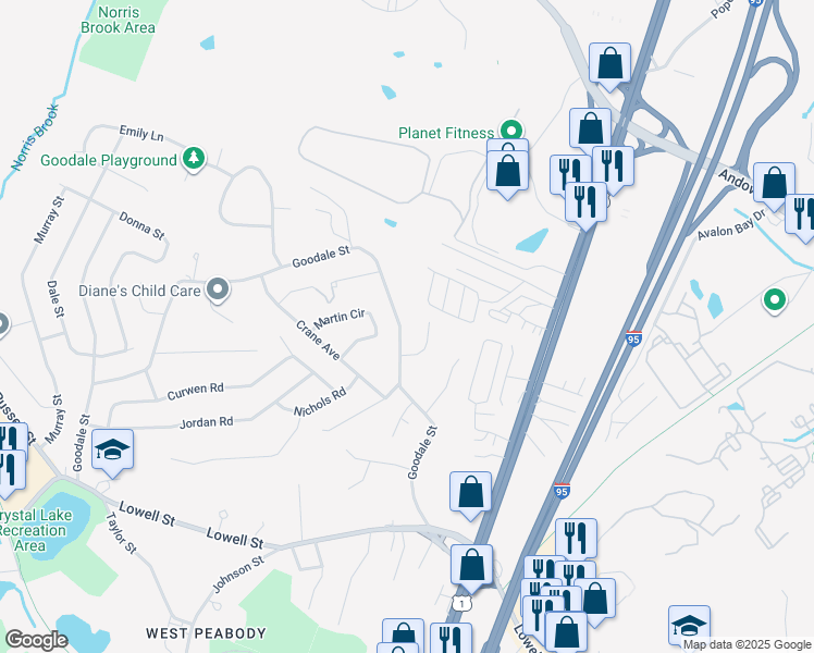 map of restaurants, bars, coffee shops, grocery stores, and more near 49 Goodale Street in Peabody