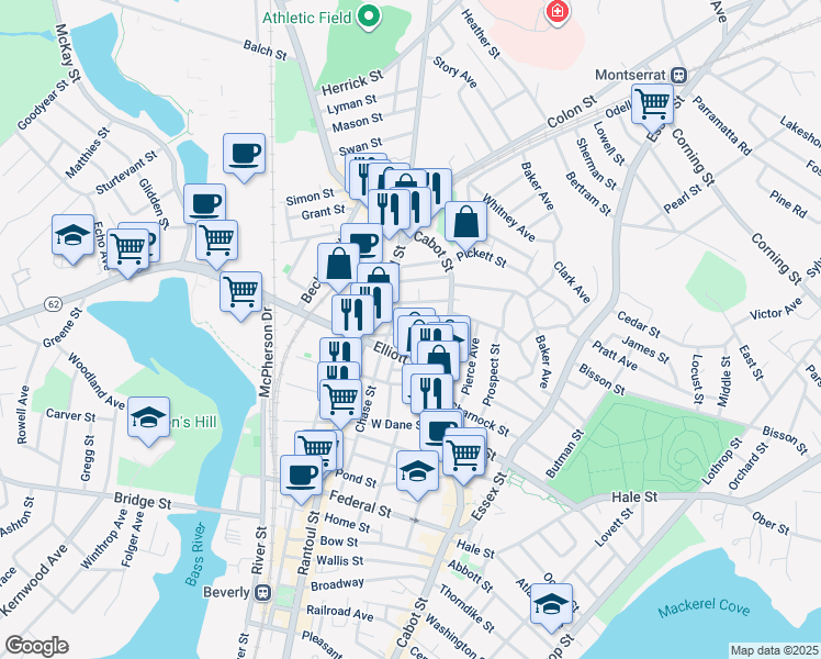 map of restaurants, bars, coffee shops, grocery stores, and more near 13 Chestnut Park in Beverly