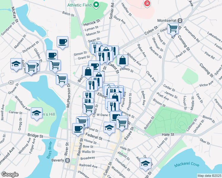 map of restaurants, bars, coffee shops, grocery stores, and more near 13 Chestnut Park in Beverly
