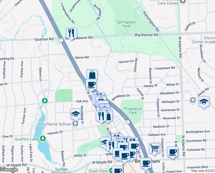 map of restaurants, bars, coffee shops, grocery stores, and more near 36000 Woodward Avenue in Bloomfield Hills