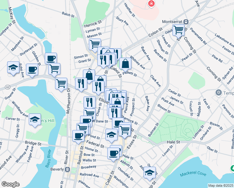 map of restaurants, bars, coffee shops, grocery stores, and more near 3 Chestnut Street in Beverly