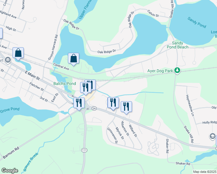 map of restaurants, bars, coffee shops, grocery stores, and more near 15 Sandy Pond Road in Ayer