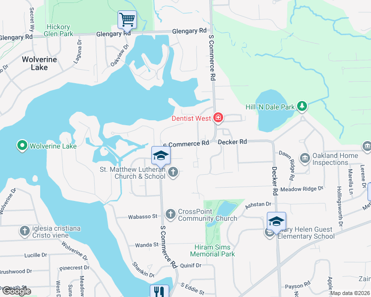 map of restaurants, bars, coffee shops, grocery stores, and more near 2260 South Commerce Road in Walled Lake