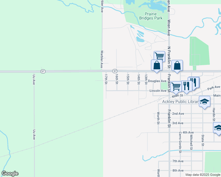map of restaurants, bars, coffee shops, grocery stores, and more near 607 Lincoln Avenue in Ackley