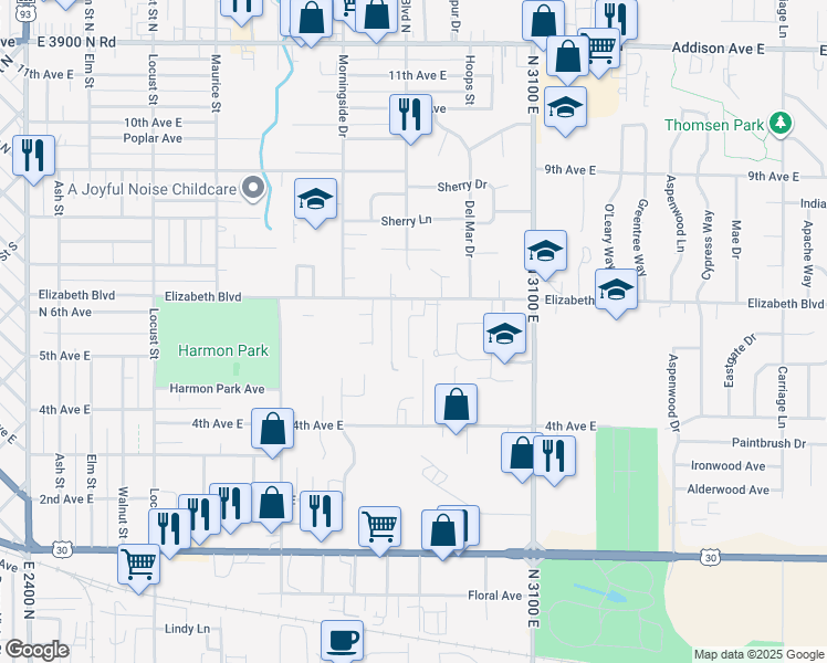 map of restaurants, bars, coffee shops, grocery stores, and more near 131 Wakefield Street in Twin Falls