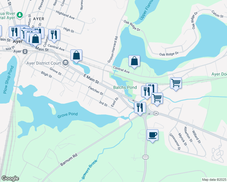 map of restaurants, bars, coffee shops, grocery stores, and more near 93 East Main Street in Ayer