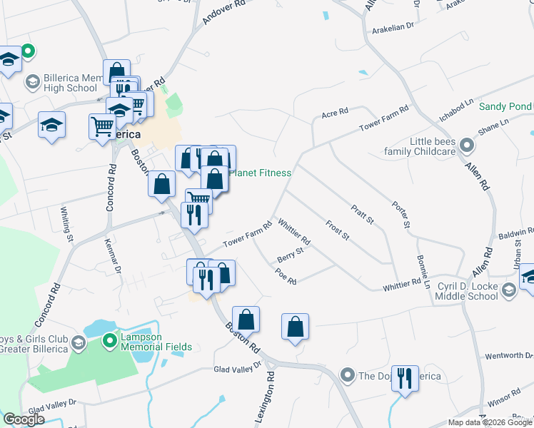map of restaurants, bars, coffee shops, grocery stores, and more near 16 Tower Farm Road in Billerica
