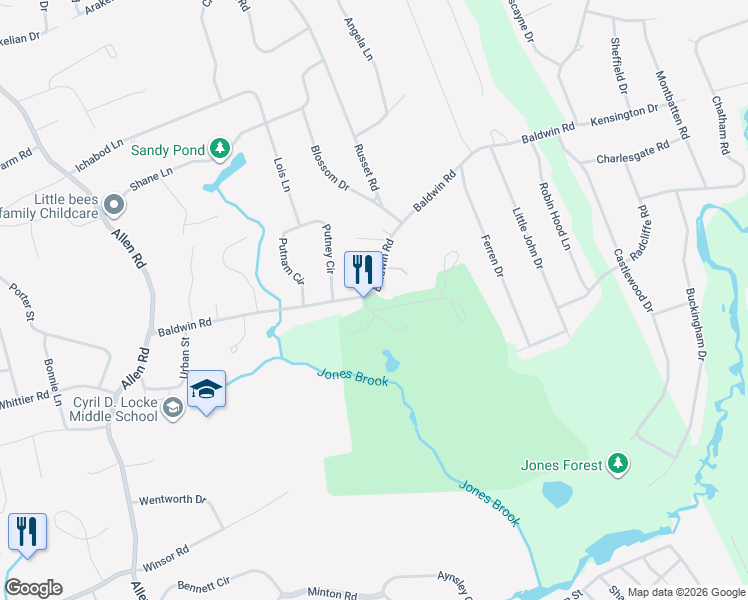 map of restaurants, bars, coffee shops, grocery stores, and more near 55 Baldwin Road in Billerica
