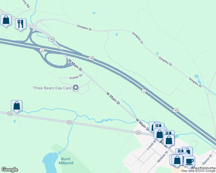 map of restaurants, bars, coffee shops, grocery stores, and more near 69 West Main Street in Westminster