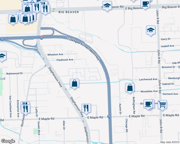 map of restaurants, bars, coffee shops, grocery stores, and more near 2112 Ida Drive in Troy