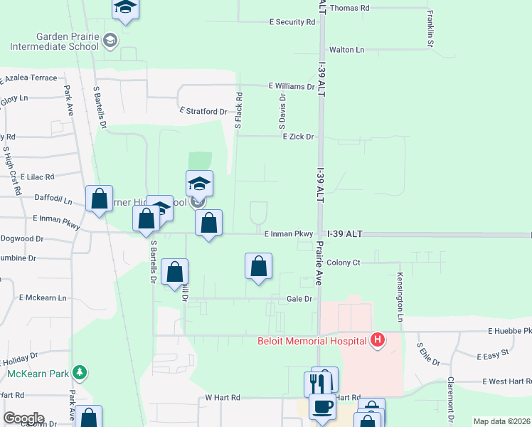 map of restaurants, bars, coffee shops, grocery stores, and more near 1673-1865 East Inman Parkway in Beloit