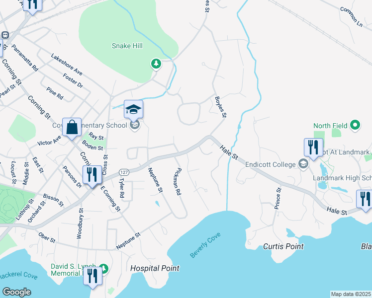 map of restaurants, bars, coffee shops, grocery stores, and more near 232 Hale Street in Beverly