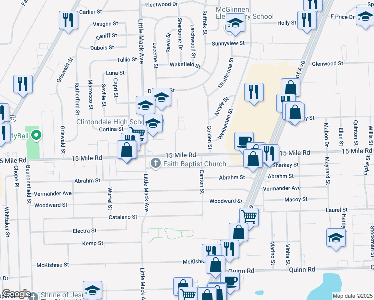 map of restaurants, bars, coffee shops, grocery stores, and more near 20999 15 Mile Road in Charter Township of Clinton