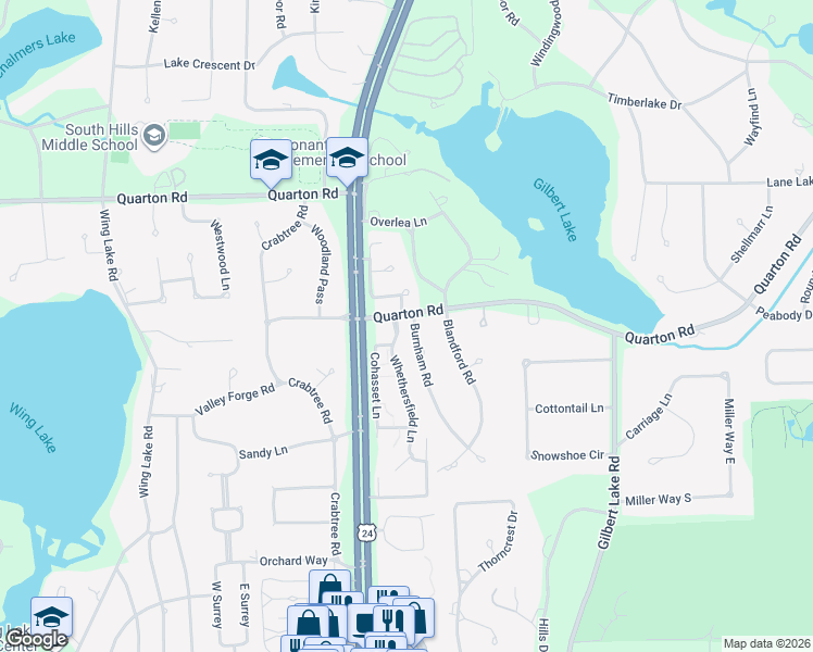 map of restaurants, bars, coffee shops, grocery stores, and more near 5731 Burnham Road in Bloomfield Township