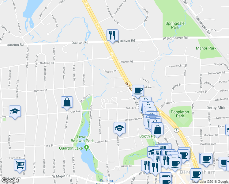 map of restaurants, bars, coffee shops, grocery stores, and more near 1035 North Old Woodward Avenue in Birmingham