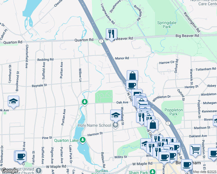 map of restaurants, bars, coffee shops, grocery stores, and more near 1035 North Old Woodward Avenue in Birmingham