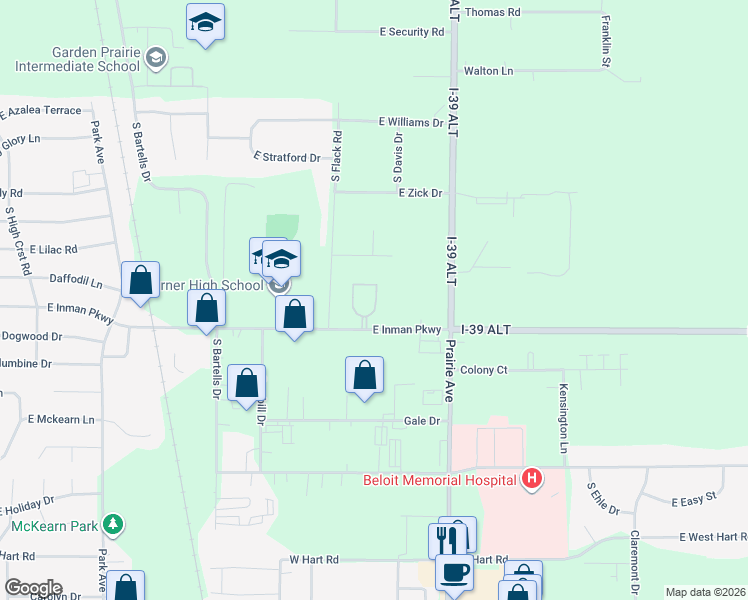 map of restaurants, bars, coffee shops, grocery stores, and more near 1673-1865 East Inman Parkway in Beloit