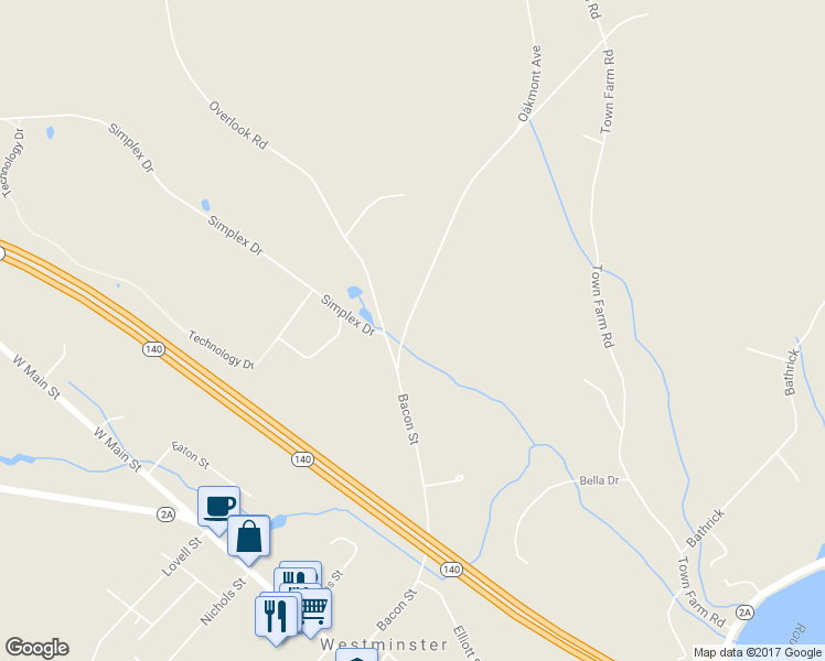 map of restaurants, bars, coffee shops, grocery stores, and more near 7 North Common Road in Westminster