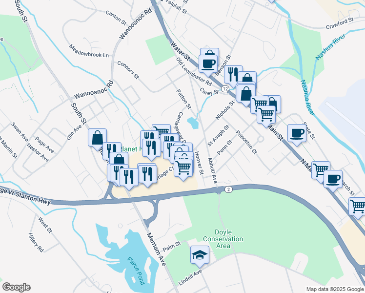 map of restaurants, bars, coffee shops, grocery stores, and more near 95 Carriageway Drive in Leominster