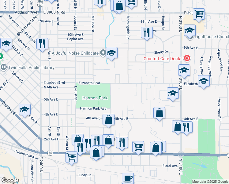 map of restaurants, bars, coffee shops, grocery stores, and more near 550 Madrona Street in Twin Falls