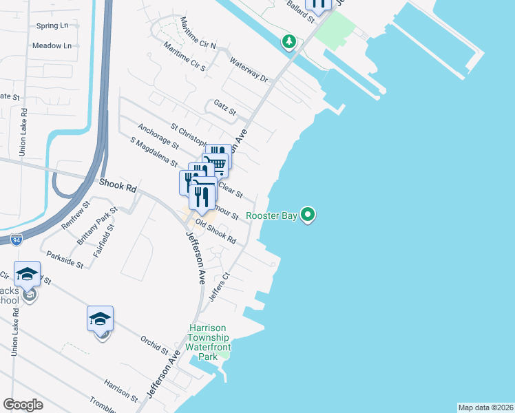 map of restaurants, bars, coffee shops, grocery stores, and more near 35570 Jeffers Court in Harrison Township