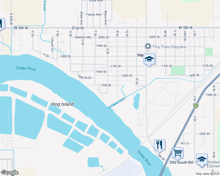 map of restaurants, bars, coffee shops, grocery stores, and more near 1440 S Street in Heyburn